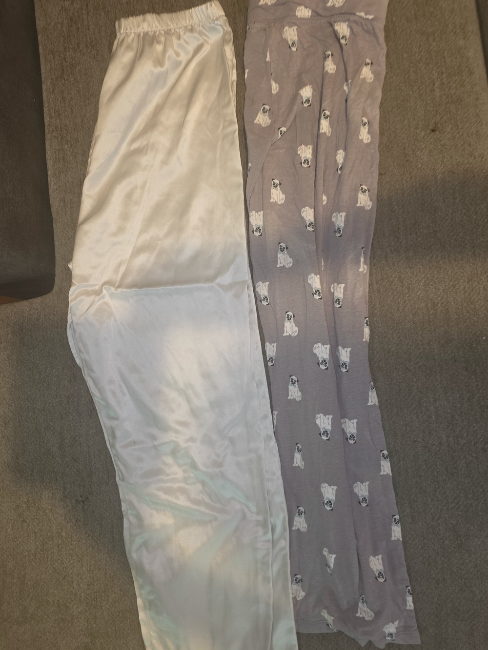 2 Pair Pajama Bottoms White Satin and Grey Dog-Print Pants Size Medium